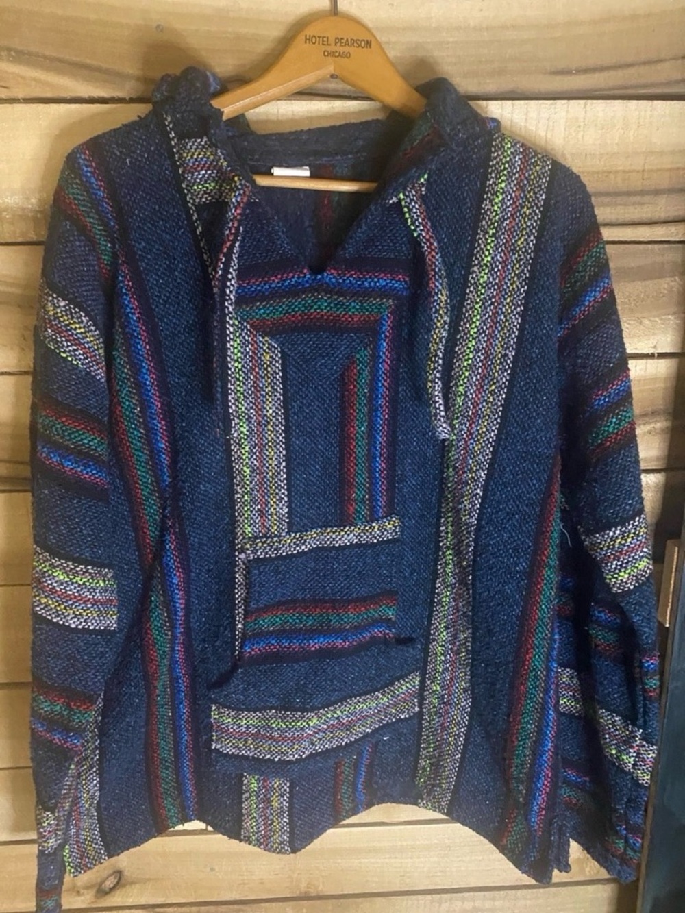 Artesanias Handwoven Blue Striped Baja Hoodie Sweatshirt size XL